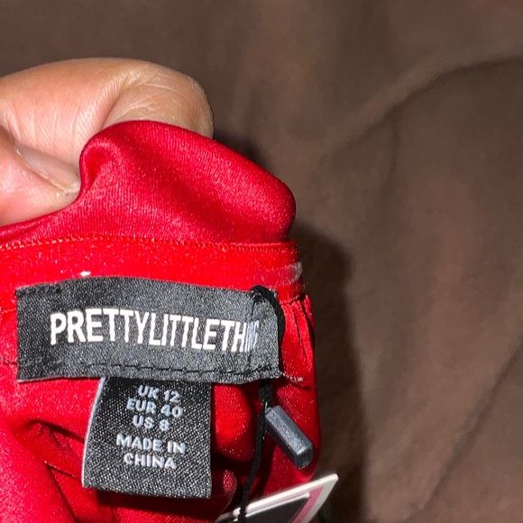PrettyLittleThing NWT Cherry Red Premium Satin Bardot Mini Dress Size 8 - Picture 9 of 9